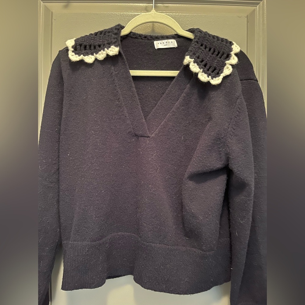 Sandro Dark Blue V-Neck Sweater with White Crochet Collar